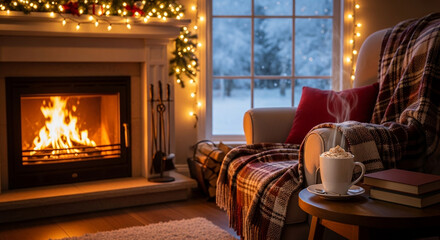 Cozy winter interior with a burning fireplace, glowing lights and Christmas decorations
