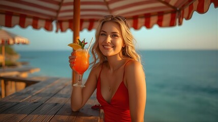 Young Asian Woman Enjoying Vacation at Seaside Bar Under Striped Umbrella