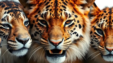 Fototapeta premium Close up of three jaguars with intense gaze and spotted fur patterns in a striking composition