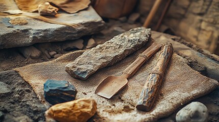 Ancient tools and stones on a work surface.