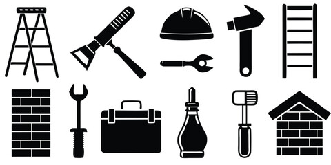 Obraz premium Collection of black and white silhouettes of construction tools and building elements