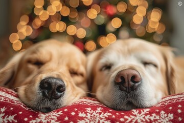 Golden retrievers sleeping on red snowflake pillow with christmas lights
