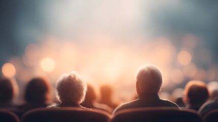 Community theater blurred glowing stage with blurred seniors in audience