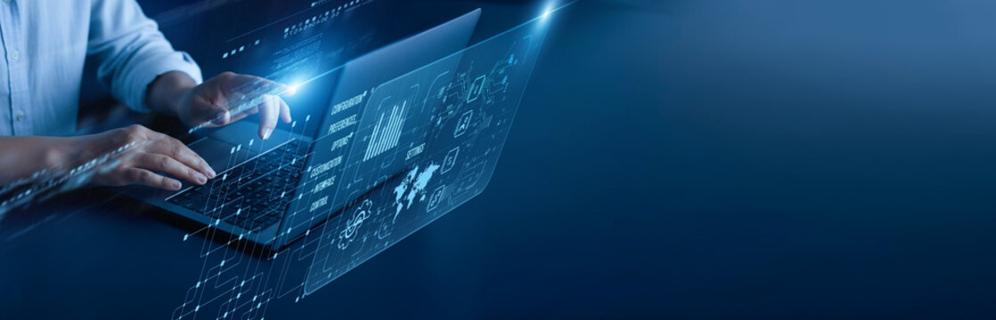 Settings network connection concept. System administrator is working hard on a laptop computer with graphical configuration control optimization preference adjustment management.