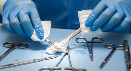 Surgeon's hands in blue gloves cleaning surgical instruments with gauze on a sterile blue surface, preparing for operation