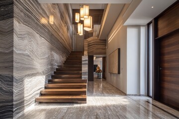 Fototapeta premium Modern luxury hallway with wooden stairs and marble walls.