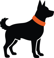 Silhouette of a standing dog wearing a bright orange collar with alert ears facing right side profile vector