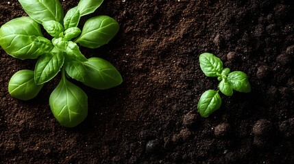 Fresh basil plants growing in rich soil under natural light in a garden setting during the daytime