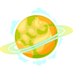 Stylized Planet With Rings and Clouds In Cartoon Style On Transparent Background