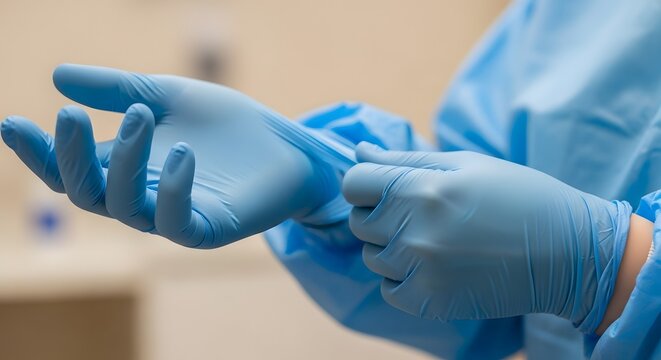 Close-up of a person's hands putting on blue medical gloves, ready for a procedure or task