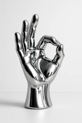 Chrome Hand Making OK Gesture on White Background