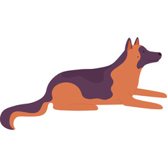 Cartoon German Shepherd Dog Lying Down in Flat Design Style Orange and Brown Fur With Dark Purple Accents Isolated on Transparent Background