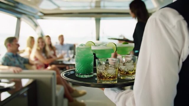 Sun-drenched luxury yacht interior video: server in dark uniform carries tray with emerald cocktails, amber spirits; caucasian guests relax. Idyllic summer hospitality concept