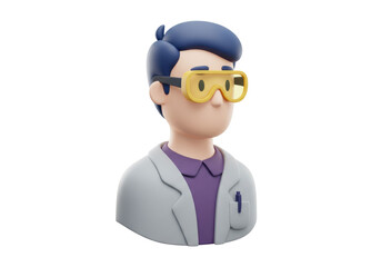Isolated scientist or doctor wearing safety goggles and lab coat with pen in pocket 3d rendering