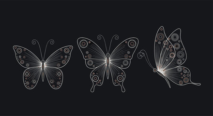 Fototapeta premium Three elegant white outline butterflies with intricate wing patterns.