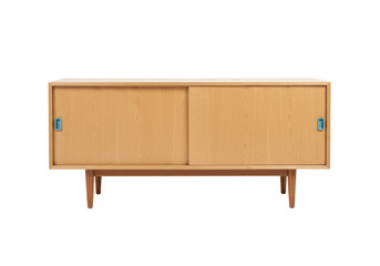 Isolated side board with wooden legs, sliding doors and minimalist handles on light surface