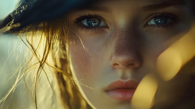 Close-up portrait of a young woman with freckles and blue eyes, looking directly at the camera. - Powered by Adobe
