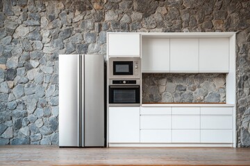Modern kitchen appliances blend with rustic stone wall.
