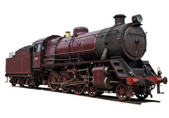 Isolated view of a classic steam train engine on tracks, vintage transport equipment