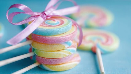 Bright and colorful lollipops arranged with a pretty ribbon create a cheerful candy display - Powered by Adobe