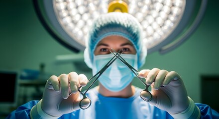 Surgeon holding surgical scissors, ready for operation in operating room, close-up
