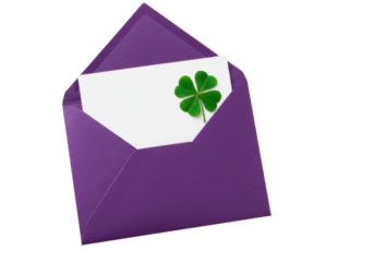 Isolated purple envelope with four-leaf clover, St Patrick's Day, luck, good fortune
