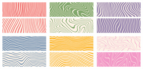 Distorted deformed lines vector striped backgrounds 1:3 banners set. Fluid curved wiggling doodle uneven hand drawn wavy organic stripes waves. Funky ornaments groovy hippie patterns collection