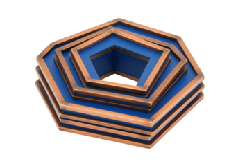 Isolated decorative copper-and-blue tiered frames for ornaments, geometric shapes, vintage style