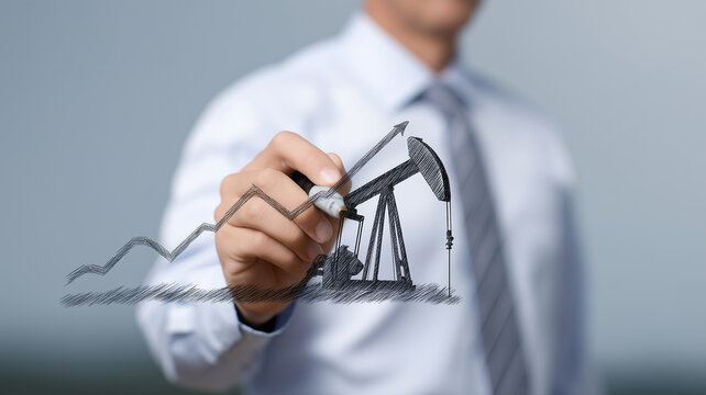 Businessman drawing oil sector investment growth with upward graph and oil pumpjack, symbolizing financial success, energy industry, and economic development in modern corporate environment