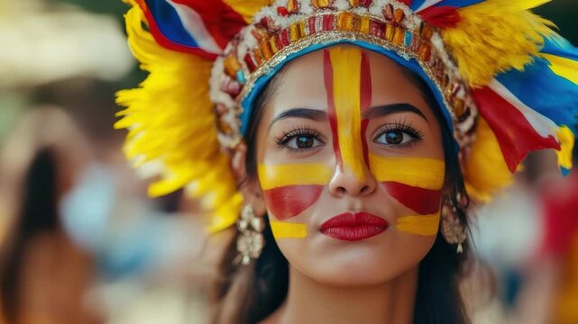 Brazilian dancer smiling with colorful face paint and headdress at carnival