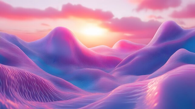 Abstract digital landscape with soft pastel pink, purple and blue colors.  Sun shining over a mountain range with a sunrise background.