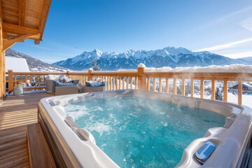 Fototapeta premium Serene hot tub with mountain view in winter