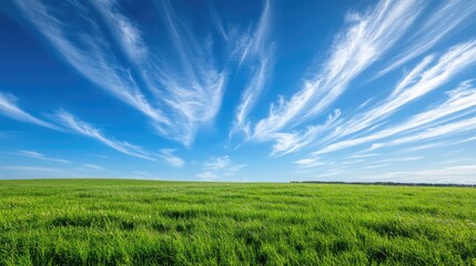 Fototapeta premium Expansive Green Field Under a Bright Blue Sky with Wispy Clouds