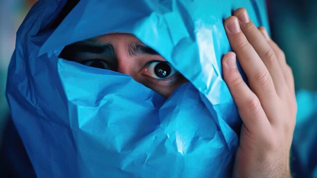 A person's face hidden by a blue sheet, a scene of privacy and concealment