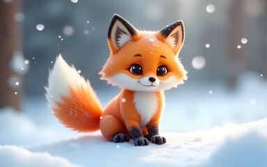 Fototapeta premium Cute fox baby in snow, winter, generative ai. High quality