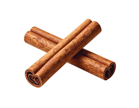 Two crossed, brown cinnamon sticks with textured bark against a black background