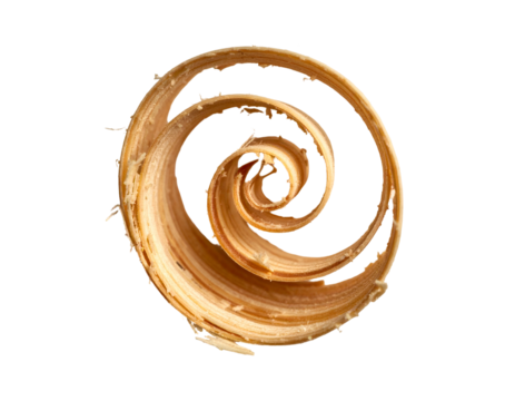 Swirling, isolated wood shaving, light brown, against a black background