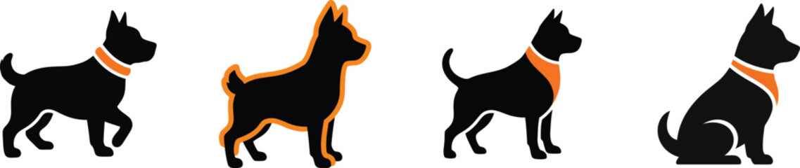 Set of four dynamic poses of a black dog wearing a light-colored scarf or bandana for outdoor adventures and animal companionship themes. vector