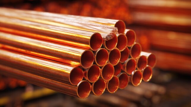 Stack of shiny copper pipes in warehouse industrial close up shot metal construction material - Powered by Adobe