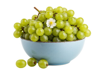 Isolated bunch of green grapes with a small white flower in a blue serving bowl on display