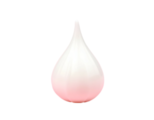 A translucent, teardrop-shaped object glows, gradient from pink to white