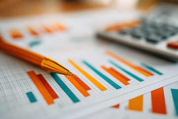 Fototapeta premium Colorful financial report with graphs and calculator