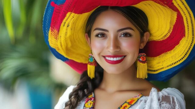 Colombian woman smiling wearing traditional andean clothes and hat