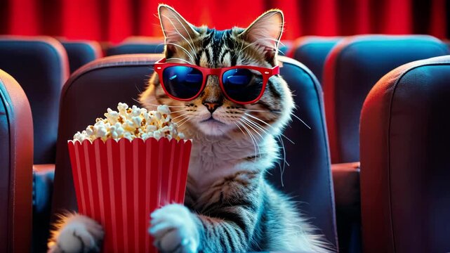Cat enjoys popcorn while wearing sunglasses in a theater setting, showing a fun cinematic moment