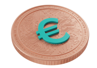Isolated Euro currency on a crypto coin, illustrating money conversion and digital currency trends