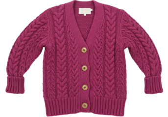 Isolated magenta cable knit cardigan with buttons, warm woolen autumn fashion for child