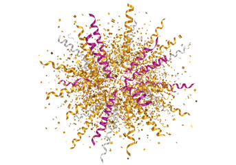 Isolated glittering gold, silver and magenta serpentine streamer and confetti explosion