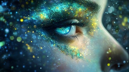 Close-up of a woman's eye with blue eyeshadow and glitter.