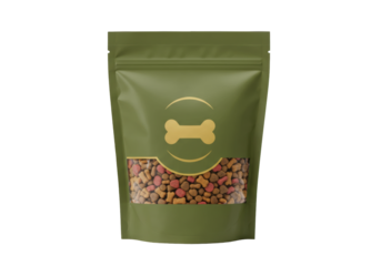 Isolated package of dog treats, colorful kibble in stand-up pouch with bone logo, sealable top