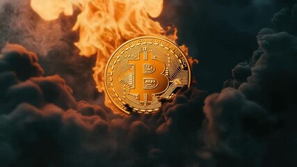 Bitcoin cryptocurrency burning in flames and smoke representing financial crisis - Powered by Adobe